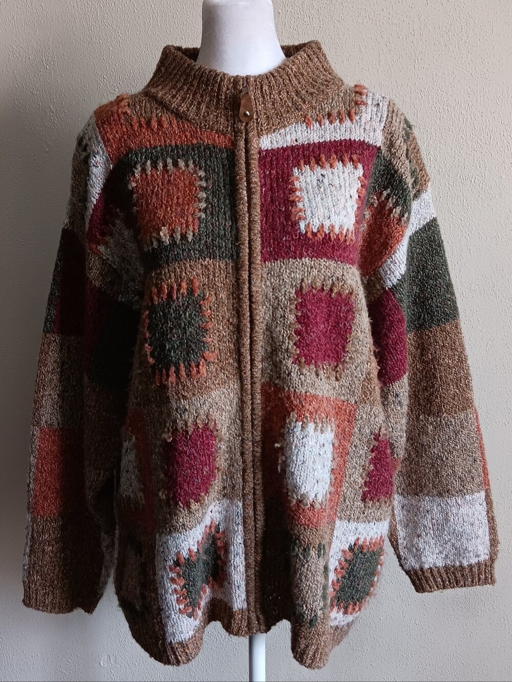 Vintage Knit Patchwork Full Zip Cardigan Sweater in Autumn Brown & Olive, L/XL